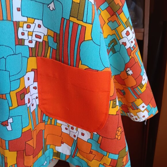 M/L 1OF1 Vintage 1960's Max Abstract Print Frock Top Dress Dayglo Orange Mod - Picture 6 of 9